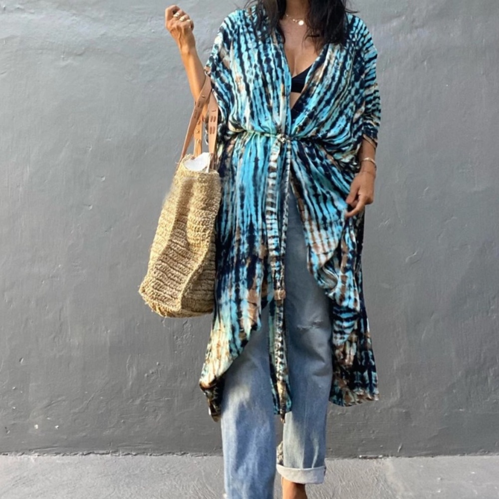 Tie Dye Boho Swim Coverup Kimono Wrap Casual Robe - Picture 9 of 10